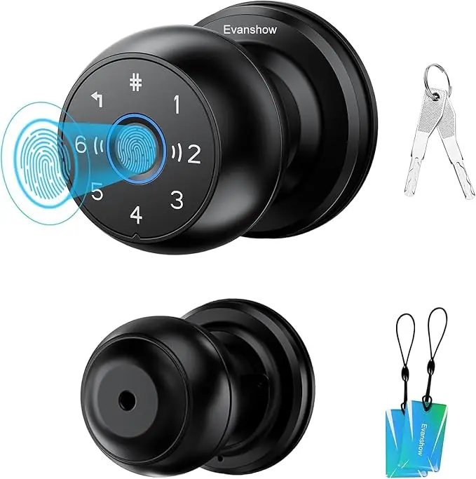 Evanshow Smart Fingerprint Door Lock, 4 in 1 Smart Fingerprint Door Knob with Keypad,  Auto Lock, Biometric Door Knob with Lock for Bedroom, Apartment, Garage, Home & Office