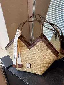 Women's Elegant Straw Woven Tote Bag, Fashionable Colorblock Handbag with Tassel Charm, Large Capacity Shoulder Bag for Beach Vacation, Colorblock Tassel Bags