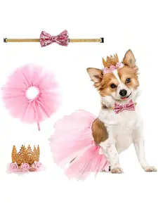 Dog Tutu Skirt, Dog Birthday Party Supplies Pink Bowtie And Crown Hat Skirt Pet Outfit Dog Princess Costume,Dog Tutu Skirt With Bowtie Crown, Dog Cat Birthday Party Supplies, Dog Bowtie, Sweet Gift For Wedding Halloween Chri