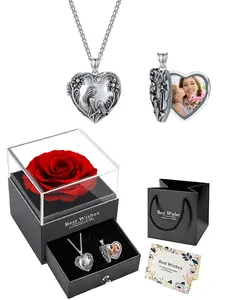 Mother-Daughter Heart Photo Pendant Necklace, Engraved Hug Design, Copper Charm with Rose Gift Box, Perfect Memorial Gift for Wife or Girlfriend, Personalized Jewelry