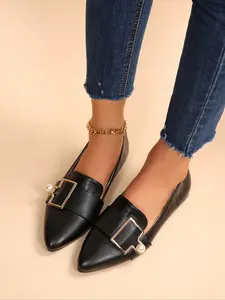 Women's Fashionable Black Pu Leather Loafers Pointed - Toe Flats with Pearl and Gold Buckle Accents, Lightweight and Comfortable Casual Walking Shoes, Ideal for Daily Errands and Leisure Occasions, Versatile Soft - Soled Durable Footwear