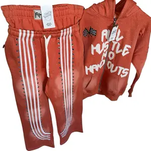 All Hustle Tracksuit - Orange Hoodie & Pants Set with White Stripes Rhinestones and 'All Hustle No Handouts' Design