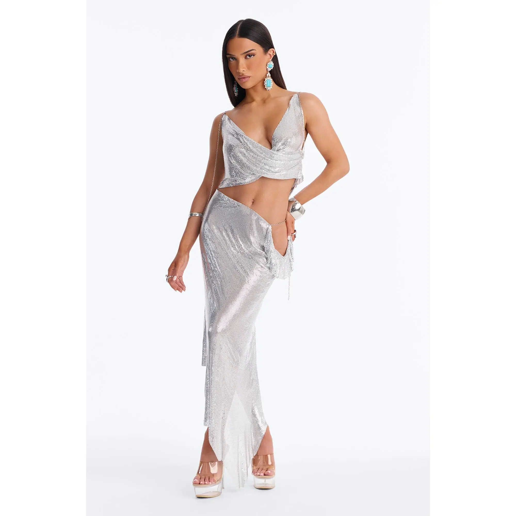 Nova Chainmail Cowl Neck Midi Skirt Set - Silver