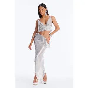Nova Chainmail Cowl Neck Midi Skirt Set - Silver