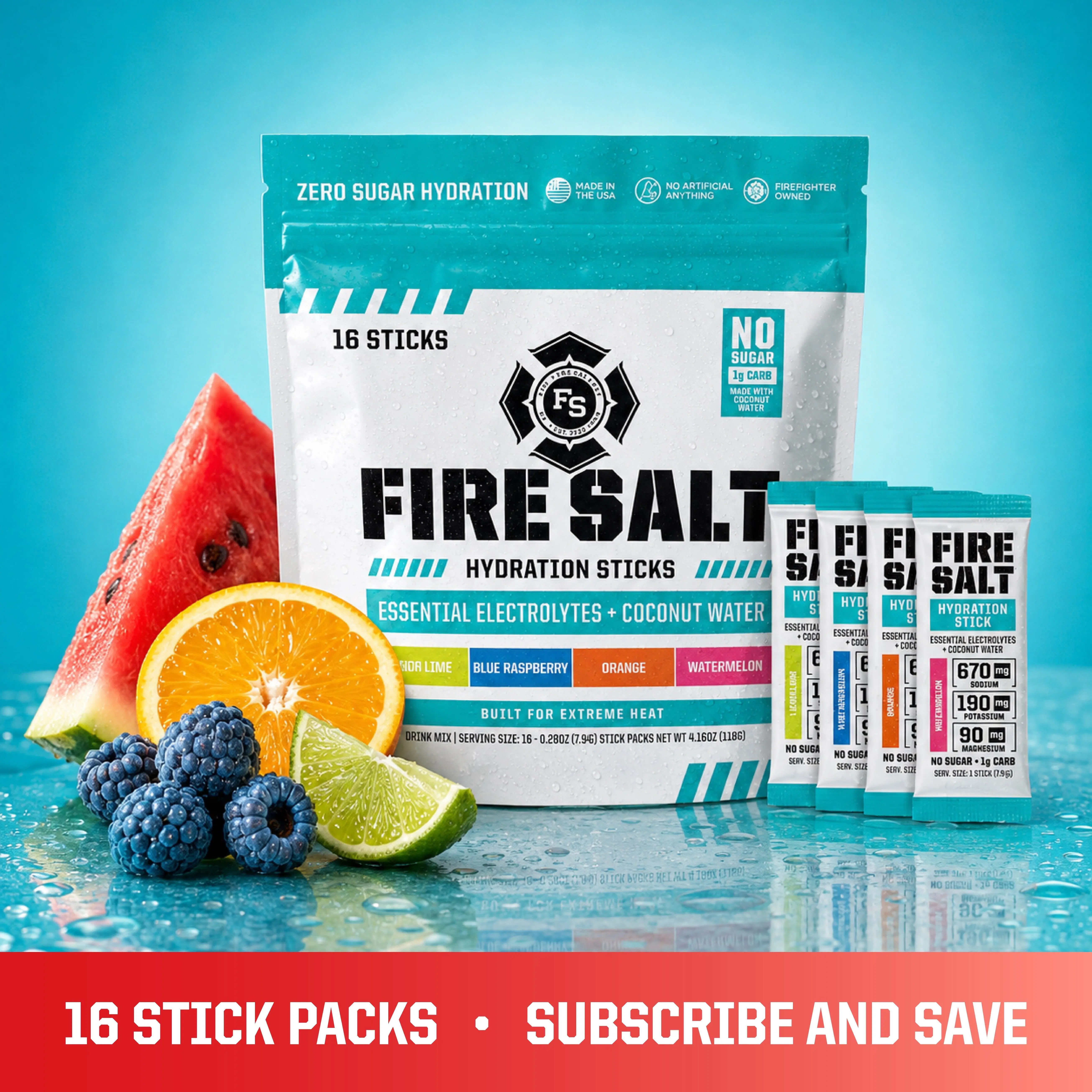 Fire Salt Electrolyte Packets 16-Pack - Sugar Free Energy Recovery & Hydration Drinks, Caffeine-Free, 3X Electrolytes with Coconut Water, Keto Friendly Fitness Fuel, Natural Ingredients, No Artificial Sweeteners (Workout, Outdoors Use)