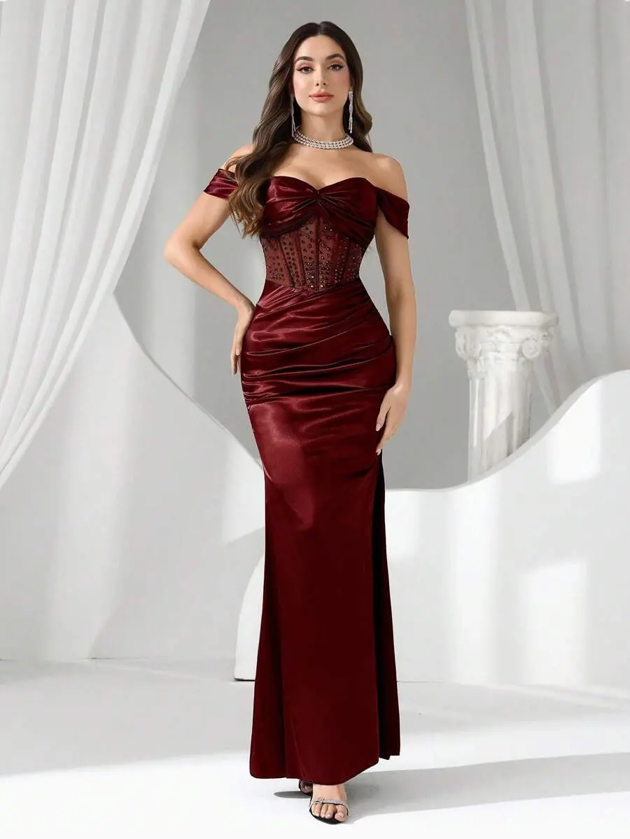 Women's Off Shoulder Evening Gown with Embellished Detail, Floor Length Formal Dress for Weddings, Galas and Special Occasions