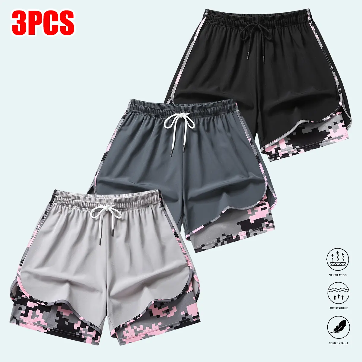 Set of 3 women’s casual athletic shorts with lining to prevent exposure, drawstring, and adjustable elastic waistband; suitable for outdoor sports, fitness, running, and everyday leisure. Women’s shorts, athletic shorts, summer vibes, summer wines.