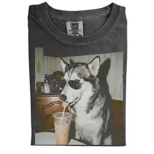 Husky Drinking Iced Coffee Comfort Colors T-shirt, Vintage 90s Funny Edgy Dog Meme Tee, Unisex Fit Design, Casual Streetwear, Unique Pet Lover Gift