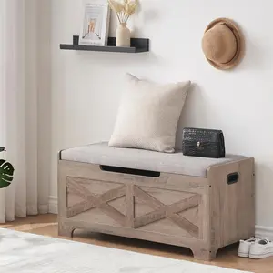 Storage Chest, Lift Top Storage Trunk with 2 Safety Hinges, Barn Style Organizer, Wooden Entryway Bench with Seat Cushion, Large Storage Chest for Entryway, Bedroom, Living Room