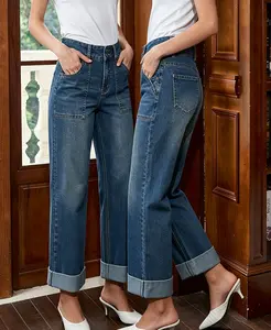 Women's Wide Leg Jeans High Waisted Stretchy Jeans Straight Leg Loose Fit Zimbaplatinum Ankle Denim Pants