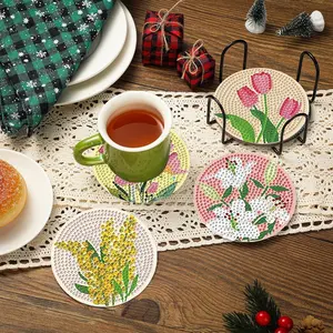 8Pcs 5D Diamond Painting Coasters Flower Design with Holder, DIY Diamond Art Hydrangea Lily Cup Mats, Non-Slip Heat-Resistant Coasters for Home Kitchen & Garden Decor
