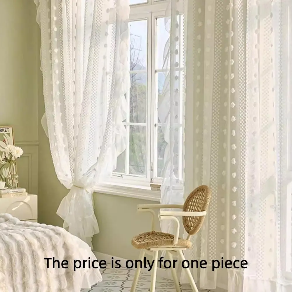 1pc French Dream Sheer Curtain with Pom Pom Detail, Lightweight Drapery for Living Room Balcony Windows, Chic Rococo Style with Ruffled Edges