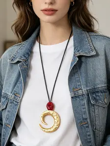 1pc Boho Matte Gold Color Necklace for Women,Large Spiral Vortex Symbol Hollow Round Pendant Necklaces,Adjustable Beads Long Sweater Chain,Fashion Tribal Style 35 Inch Wax Rope Necklace Jewelry,Party Gift for Women