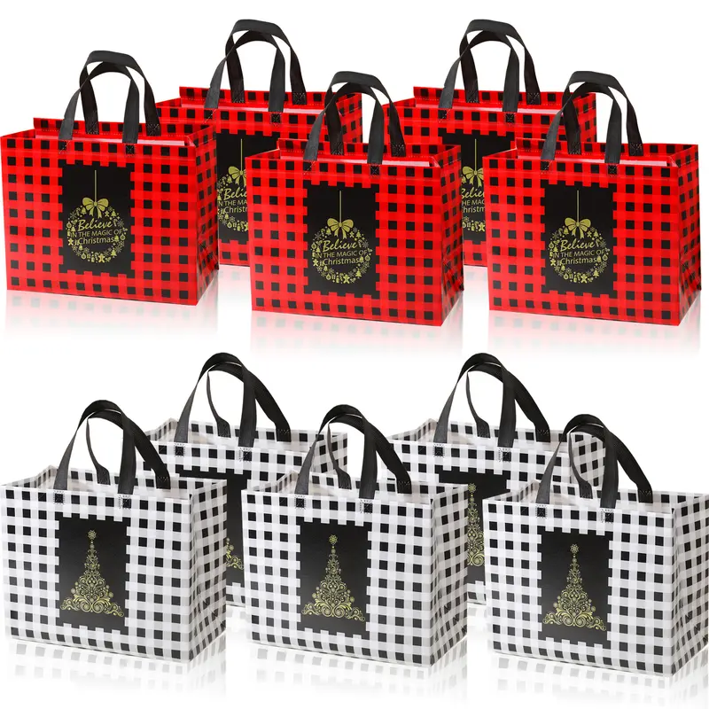 10 Pack Large Christmas Gift Bags with Handles, Reusable Non-Woven Tote Bags, Festive Design, Perfect for Holiday Use, Party Favors, 12.5x9.8x6.7 Inches