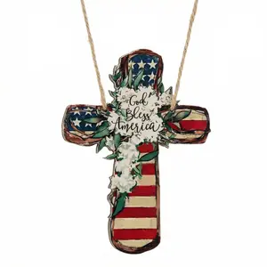 Patriotic Cross Door Hanger – God Bless America Wooden Hanging Cross, 250th Independence Day Decor, Red White Blue Christian Wall Door Sign for 4th of July Memorial Day Veterans Day Gift