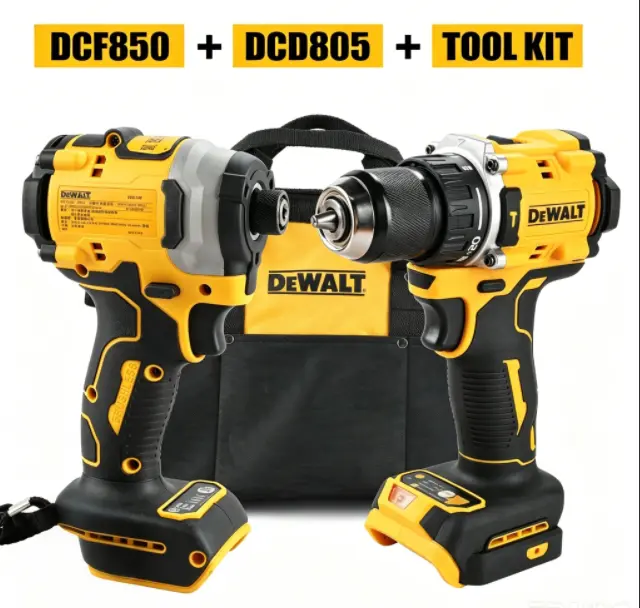 DEWALT DCF850-DCD805 Cordless Brushless High-Torque Power Tool Kit + Bag, Lithium-Ion Battery, Magnetic Feature, Electric Impact Function, Light, Horizontal Control Mode, Construction Hardware Accessories for Multi-Tasks