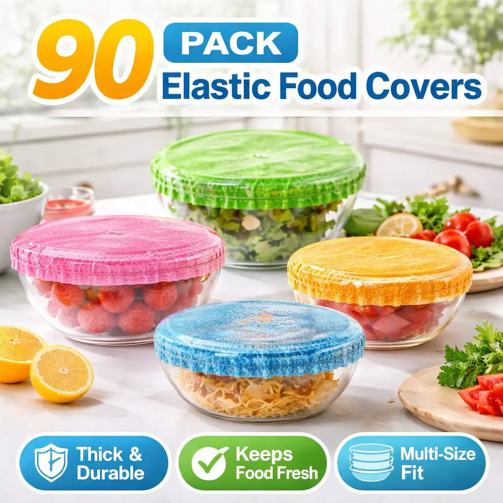 90pcs Reusable Elastic Multi-Bowl Lids - 5 Sizes, Max 6in, BPA-Free, Leak-Proof, Flexible Food Covers for Kitchen, Hand Washable Alternative to Plastic Wrap & Foil