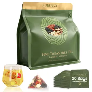 PURELIVA Five Treasures Tea Premium Tea Bags, 20 Servings. An invigorating herbal tea made with goji berry, red dates, mulberry, longan, and American ginseng. Helps support energy, vitality, kidney wellness, and daily health.