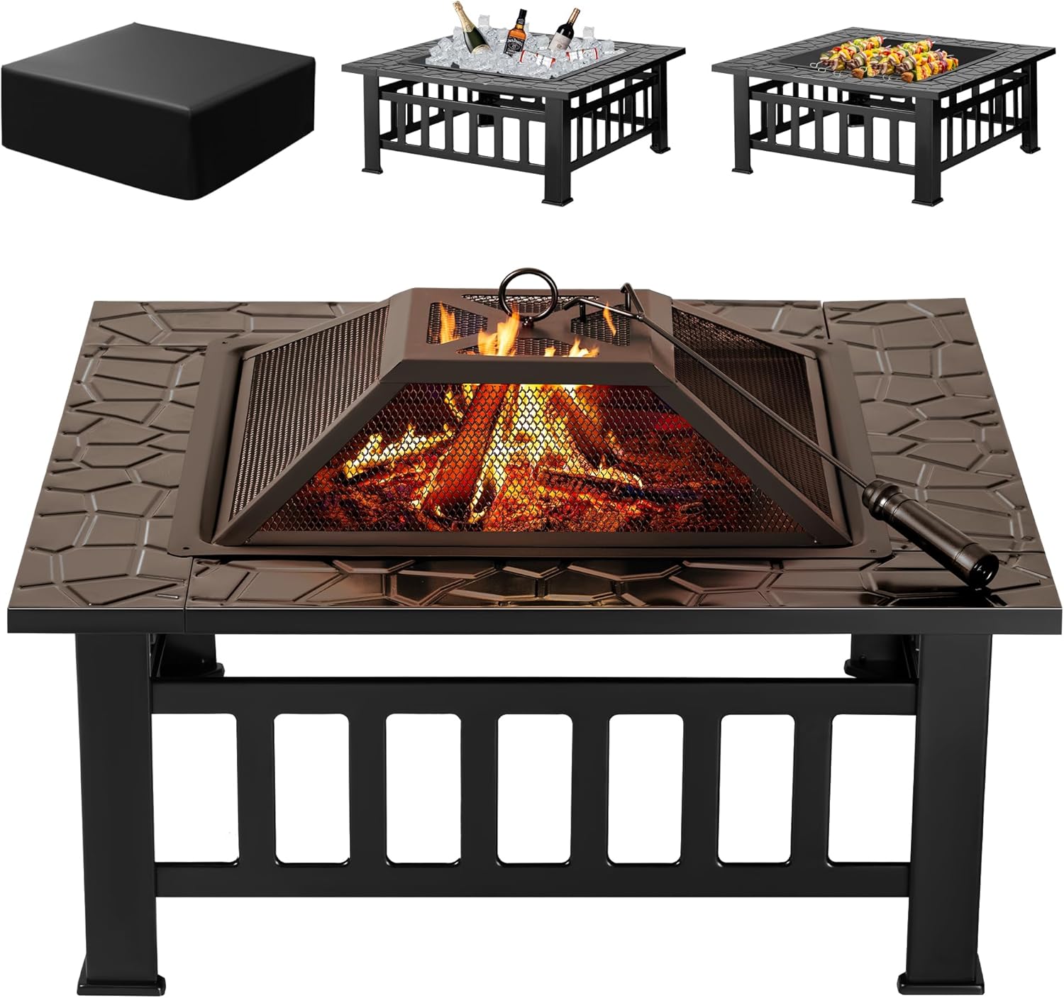 Devoko Outdoor Fire Pit, 32 Inch Firepit Table Metal Outdoor Fireplaces with Waterproof Cover for Outside Patio Camping (Silver)
