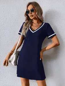 Women's Navy & White Striped V-Neck Dress Casual Fitted Dress for Spring Summer Fal, Comfortable Wear