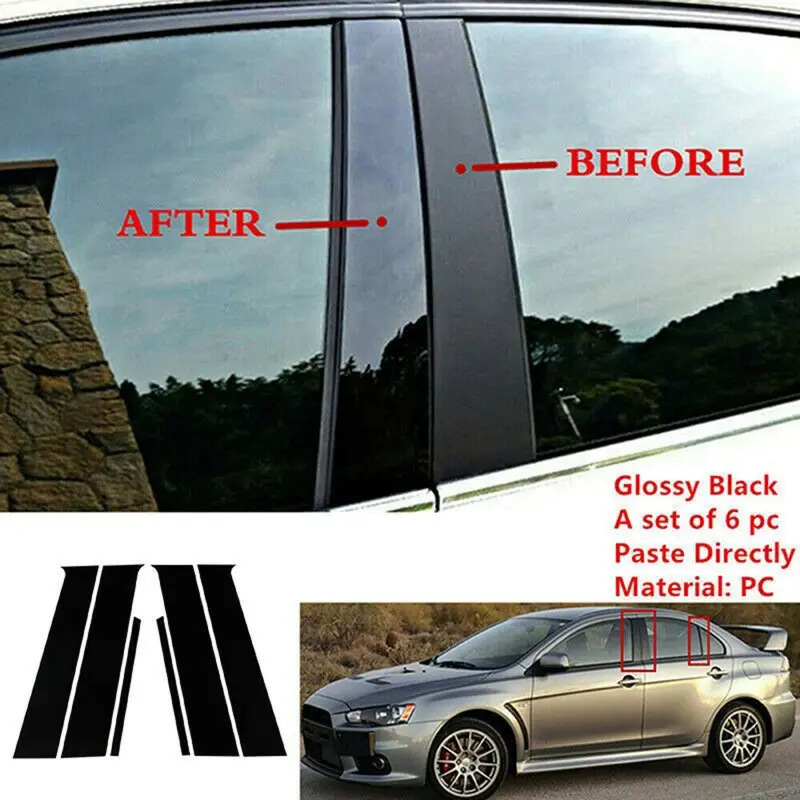 For Mitsubishi Lancer Sedan 2008-2017, Automobile Decals 6pcs Glossy Black Pillar Post Door Side Window Trim Cover Decal Sticker Accessories Stickers For Cars Decals For Vehicles