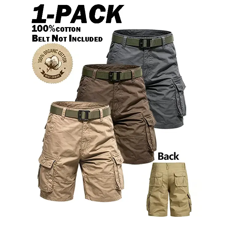 Men’s 100% pure cotton multi-pocket cargo shorts for summer, wear-resistant, knee-length, outdoor hiking and casual wear, versatile solid-color tactical cargo shorts, no belt included