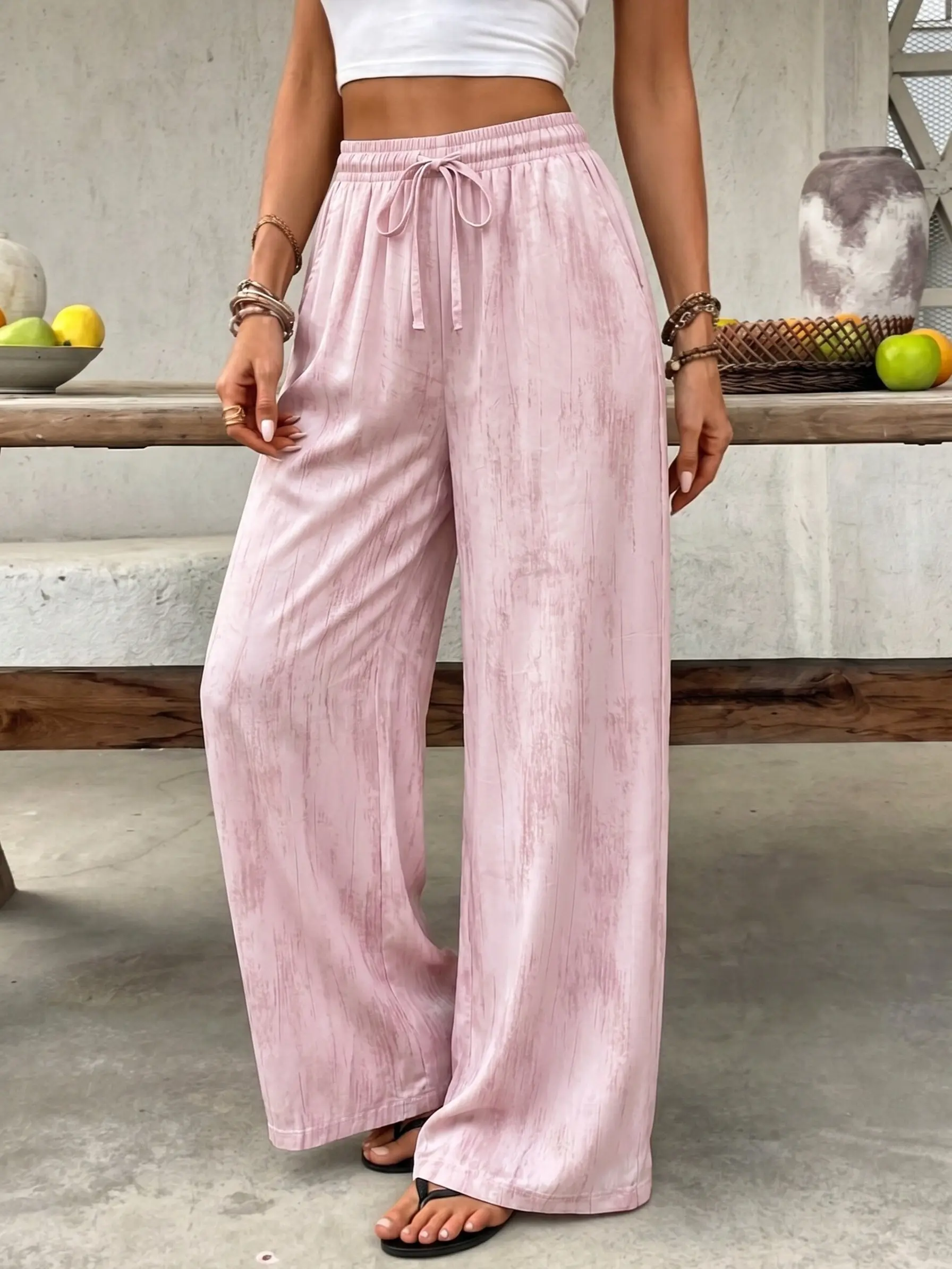 Women’s soft satin ink wash wide leg pants with a drawstring elastic waistband; lightweight and comfortable—ideal for everyday summer wear, shopping, and casual vacations.