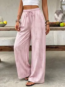 Women’s soft satin ink-wash wide-leg pants with a drawstring elastic waistband; lightweight and comfortable—ideal for everyday summer wear, shopping, and casual vacations.