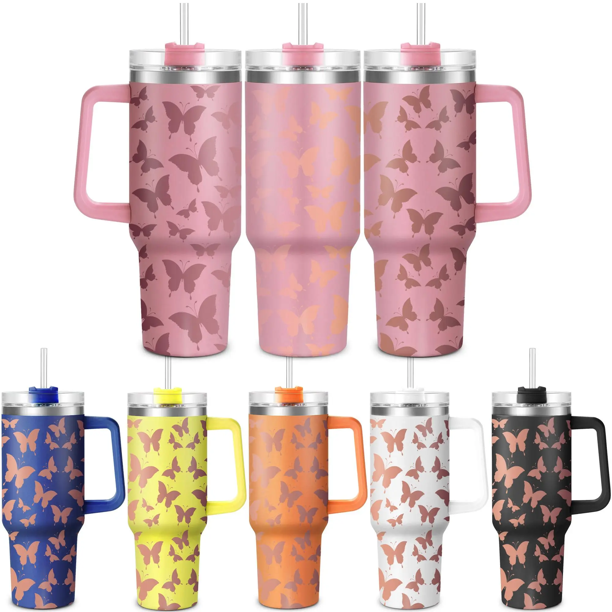 Butterfly Pattern Tumbler with Lid, 1 Count 40oz Stainless Steel Water Bottle, Drinking Cup for Home Office School Outdoor Camping, Drinkware