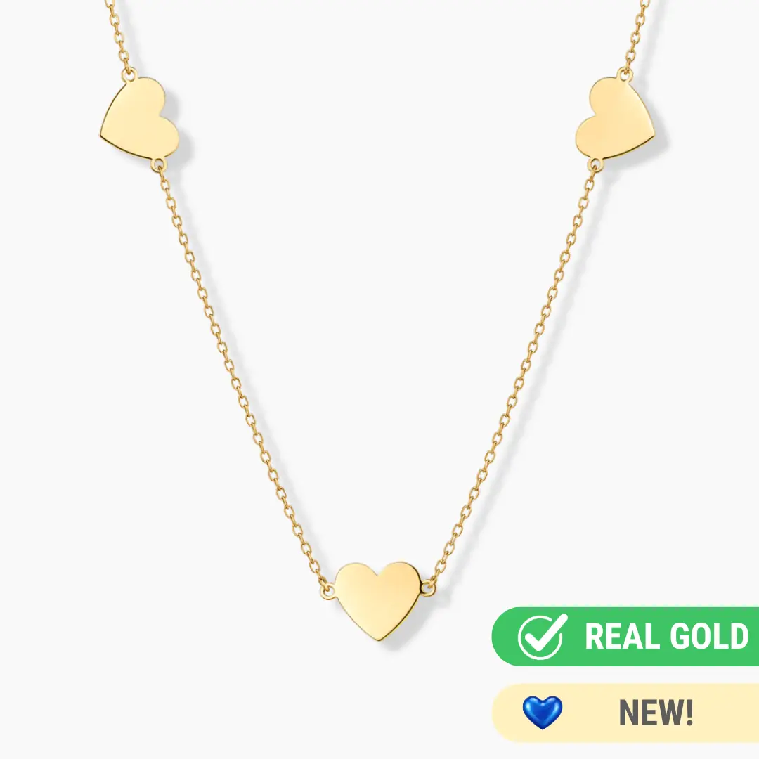 14K YELLOW GOLD TRIPLE FLOATING HEART NECKLACE -ADJUSTABLE -PERSONALIZE IT