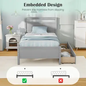 COSTWAY - Twin Size Wooden Bed Frame with 2 Drawers for Teens and Adults-Gray