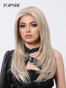 22 Inch Long Blonde Layered Wigs for Women, Gorgeous Fluffy Wigs without Bangs, Synthetic Lace Front Wigs for Party, Daily Use, Natural Looking Wig, Lace Frontal Wig