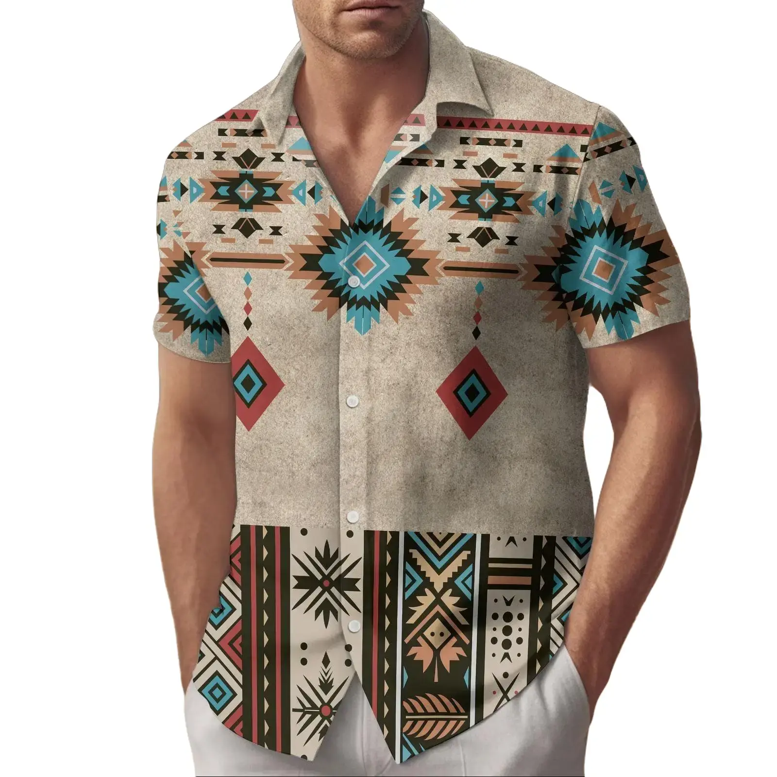 Native American Button up Shirt, Tribal Print Hawaiian Shirt, Western Aloha Shirt, Boho Outfit, Ethnic Pattern Summer Shirt Vintage Tropical Beach Tee Print Vintage Summer Hawaii Shirt