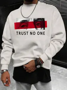 Men's Street Style Winter Sweatshirt, Western Cowboy Print, Round Neck Long Sleeve, Fitted Design, Warm Plush Lining, Casual Fall & Winter Wear