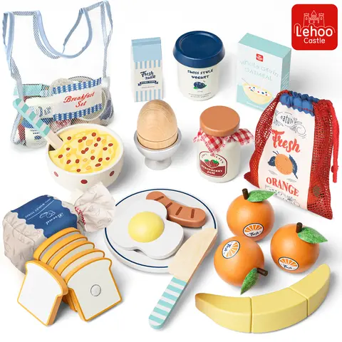 Lehoo Castle Wooden Play Food Set, Breakfast Set, Cutting Fruit Egg Bread, Pretend Breakfast Food Toys for Kids Kitchen, Educational Toys 3-5 Years, with Storage Bag, Birthday Gift for Boys Girls