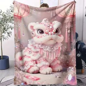 National Trend Theme Printing Blanket, Facecloth Blanket, Into The Traditional Culture, Embellished with Chinese Lanterns and Glitter Effect, Suitable for Sofa, Bedroom and Travel, Suitable for All Seasons