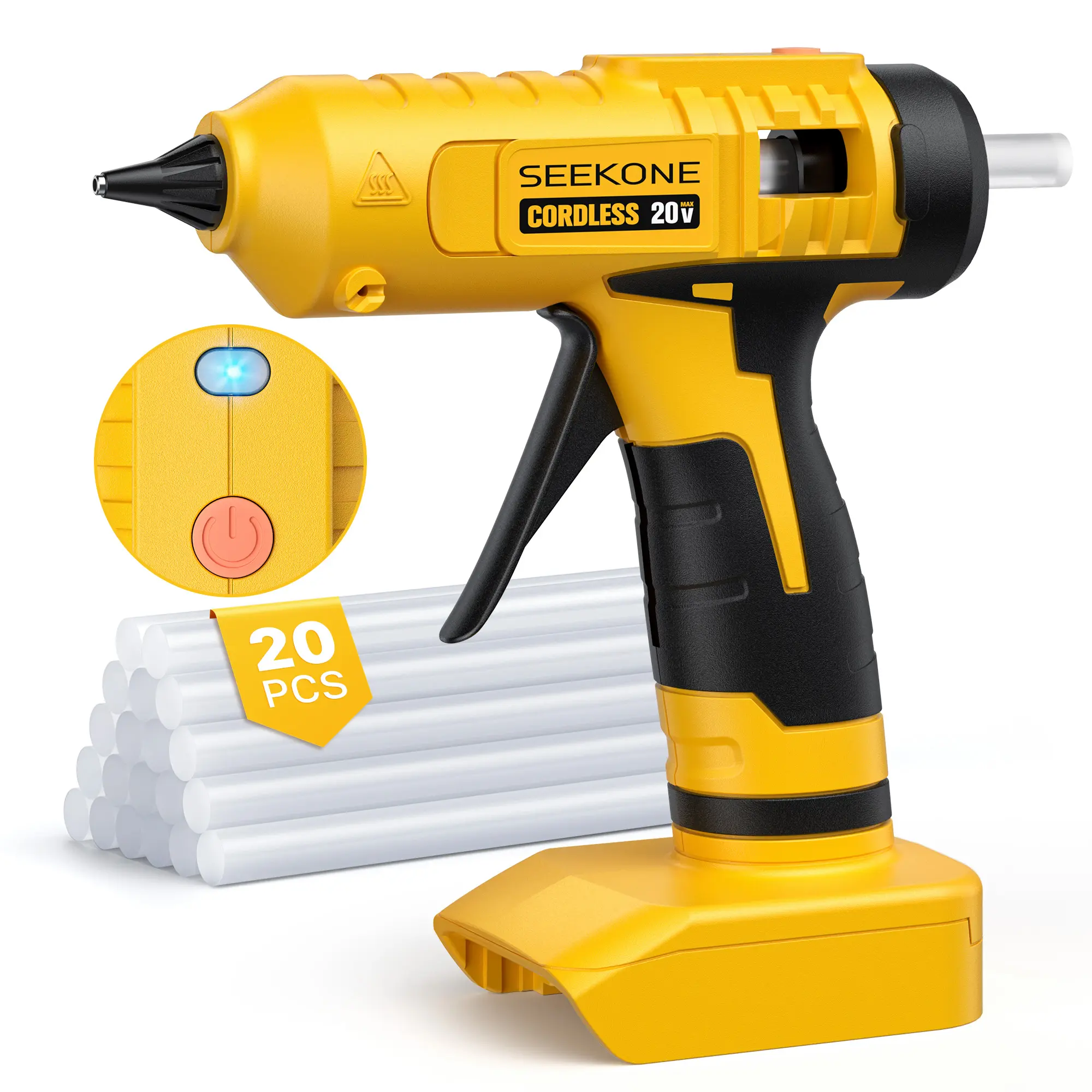 SEEKONE Cordless 20V Hot Glue Gun with 20 Pieces Glue Sticks Yellow & Black Design for Crafts & DIY Projects sohochic