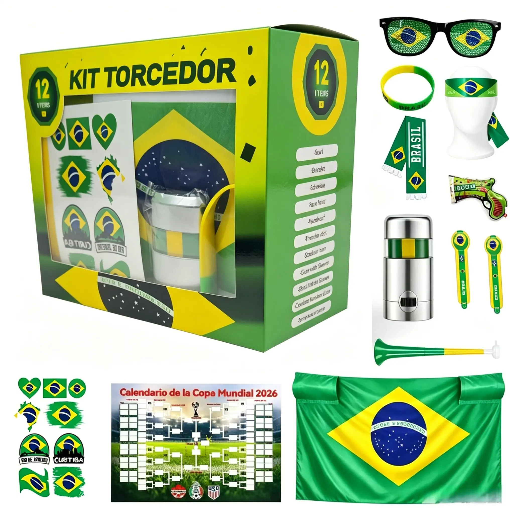 12Pcs/Set Brazil Fan Kit, Football Party Cheer Props, Bar Viewing Headband Sunglasses Stickers Gift Box