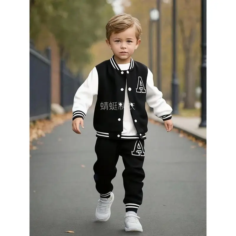 Boys' 2-Piece Casual Polyester Blend Autumn & Winter Set - Long Sleeve Baseball Jacket, A-Print Long Pants, Button Front, Outdoor Wear (Gift Option)
