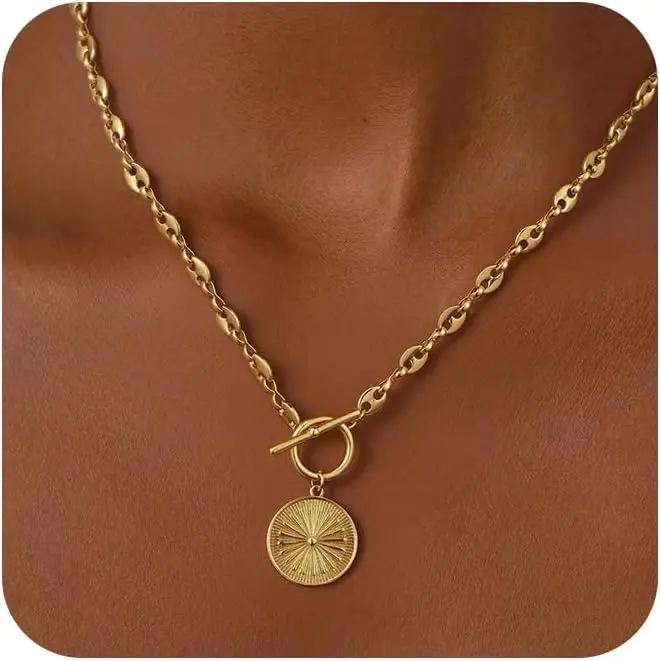Chunky Gold Necklace for Women, Simple 14K Gold/Silver Plated Circle Pendant Choker Necklaces Trendy Dainty Heart Chain Toggle Clasp Necklace Jewelry Gift for Women