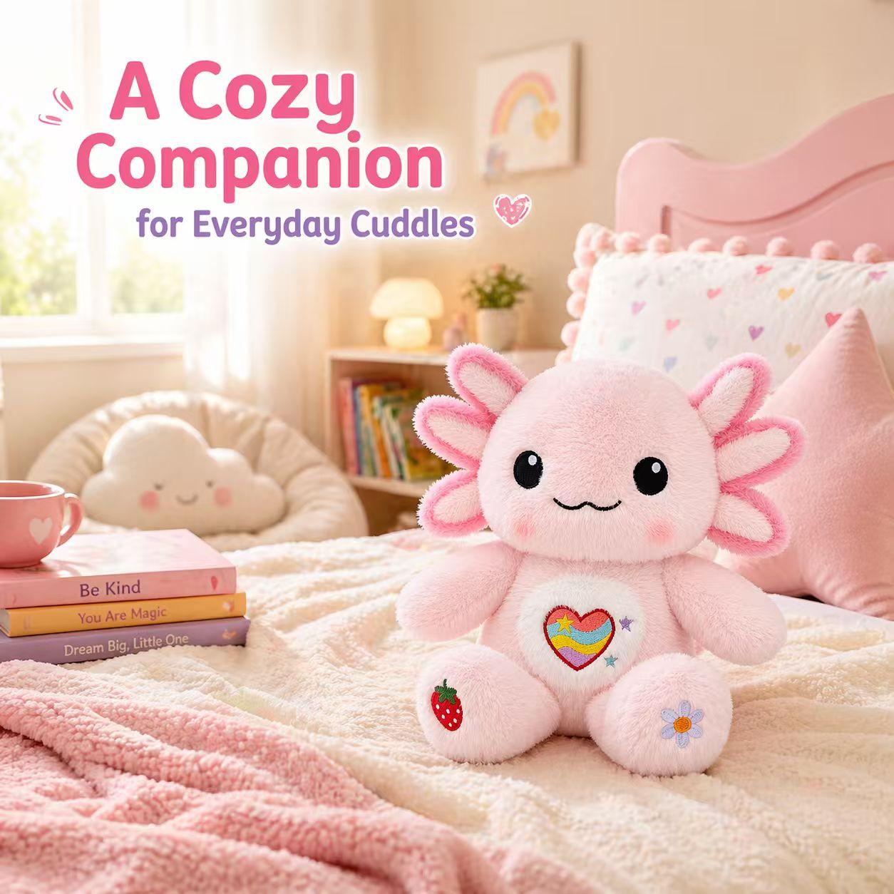 Pink Axolotl Plush Stuffed Animal, 10.6 Inch Soft Kawaii Axolotl Plush Toy with Rainbow Heart Embroidery, Cute Pink Plush Doll for Room Decor, Birthday Gift for Girls, Boys and Plush Lovers