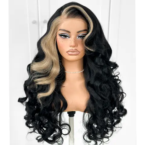 Women's 13x6 Skunk Stripe Glueless Synthetic Lace Front Wig - Pre-Plucked Yaki Highlight Color Bodywave, Pre-Cut Wear And Go, Easy Maintenance, Heat Resistant, Blonde Crazy Body Wave Daily Wear Wig