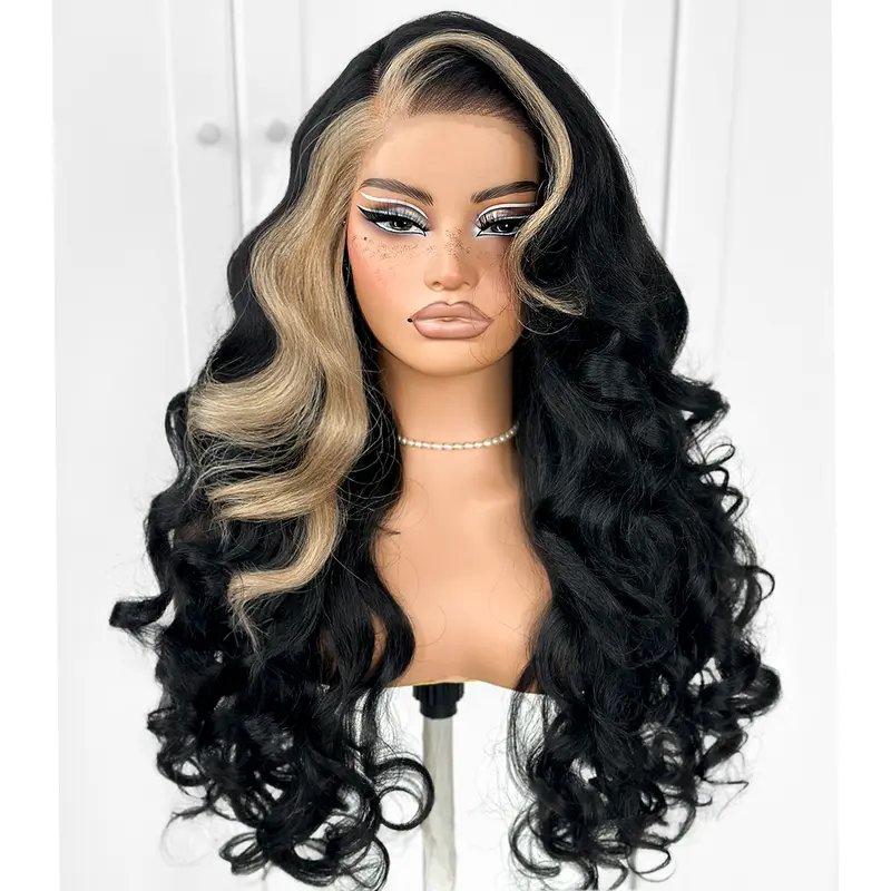 Women's 13x6 Skunk Stripe Glueless Synthetic Lace Front Wig - Pre-Plucked Yaki Highlight Color Bodywave, Pre-Cut Wear And Go, Easy Maintenance, Heat Resistant, Blonde Crazy Body Wave Daily Wear Wig