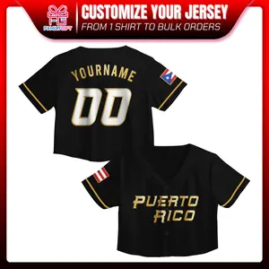 Custom Puerto Rico Baseball Jersey Crop Top – Personalized Name & Number, Black Gold Button Up Jersey with Flag Patch, Women Fan Gear