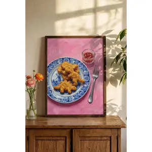 [SALE UP TO 40%] [Unframed] Dino Nugget & Fine China Oil Painting Art Print: Funny Kitchen Decor, Blue and White Delft, Dopamine Decor