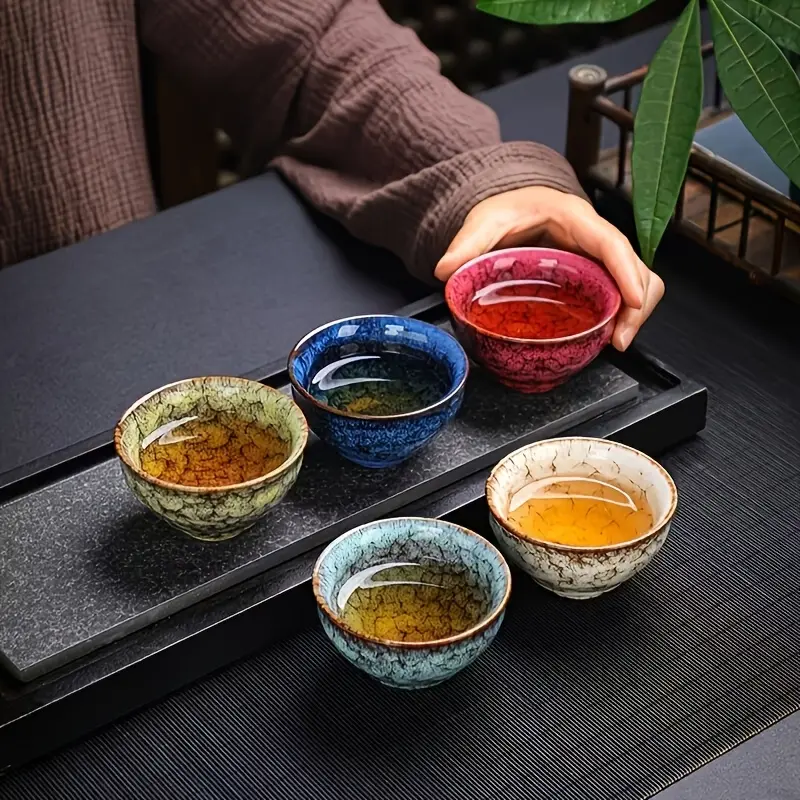 5 Pack Kiln Change Glaze 4oz Ceramic Tea Cups, Reusable Washable Ceramic Cup Mug, Unique Crackle Porcelain Gongfu Tea Bowls, Multicolor Asian Drinkware, Decorative Tea Ware Gift for Tea Lovers Kitchen Decor, All-season Gift