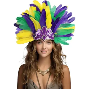 Feather Headdress Crown with Plumes, Silver Sequined Tiara Design, Showgirl Carnival Costume Headpiece