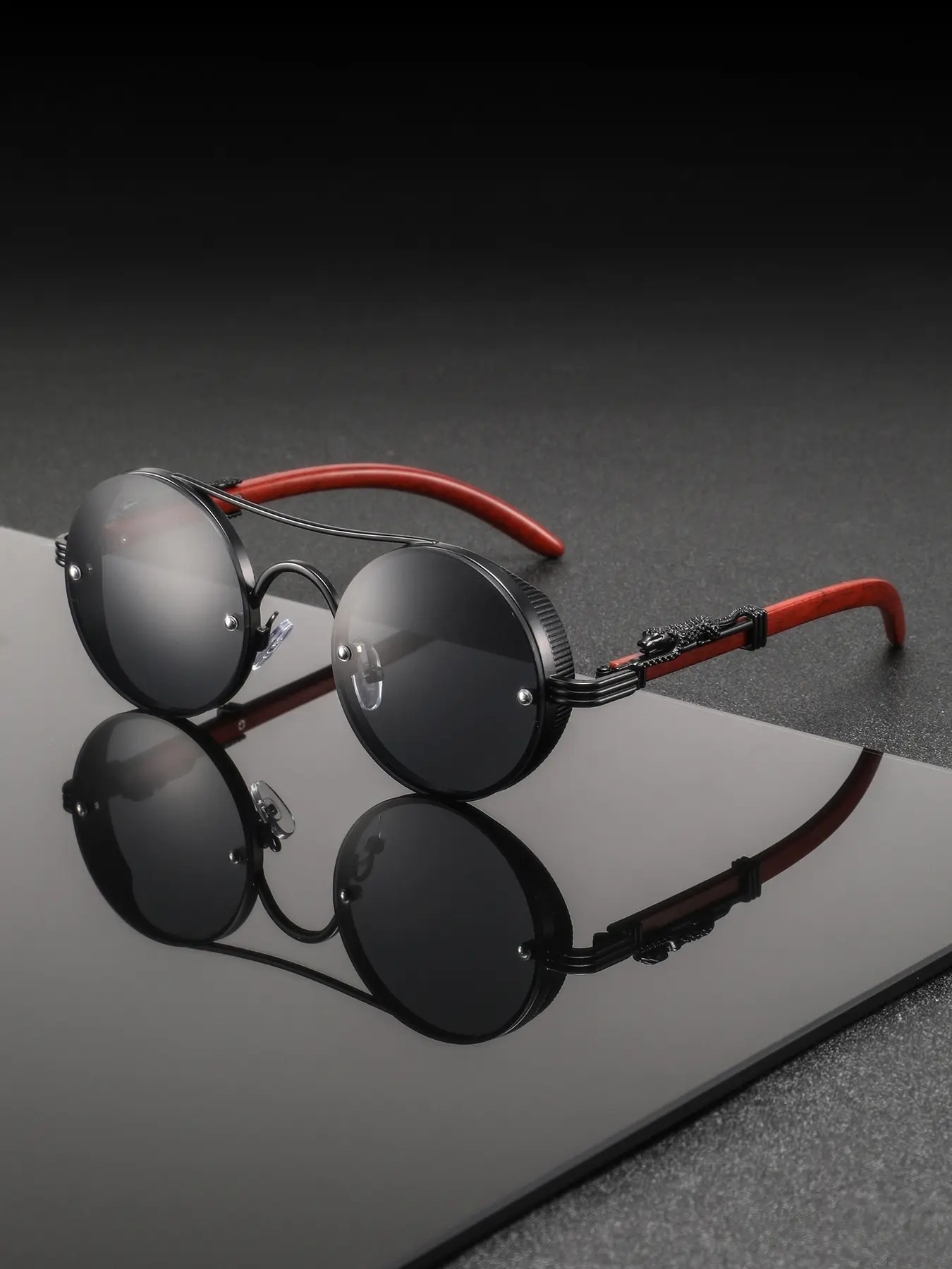 Men's Retro Metal Frame Round Leopard Head Wood Grain Leg Sunglasses, Round Sunnies, Classic Shades, Fashion Trendy Party Glasses, Versatile Casual Street Style