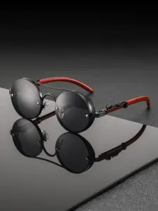 Men's Retro Metal Frame Round Leopard Head Wood Grain Leg Sunglasses, Classic Shades, Fashion Trendy Party Glasses, Versatile Casual Street Style