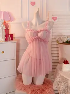 AESKEIA Women's Ultra-Thin Lingerie Nightgown Set, Sexy Summer Dress Nightgown Set, Sleeveless Ultra-Short Sheer Seductive Date Fantasy Sleepwear | Perfect Womenswear with Backless Erotic Crotchless Sexy Elegant Cute Details